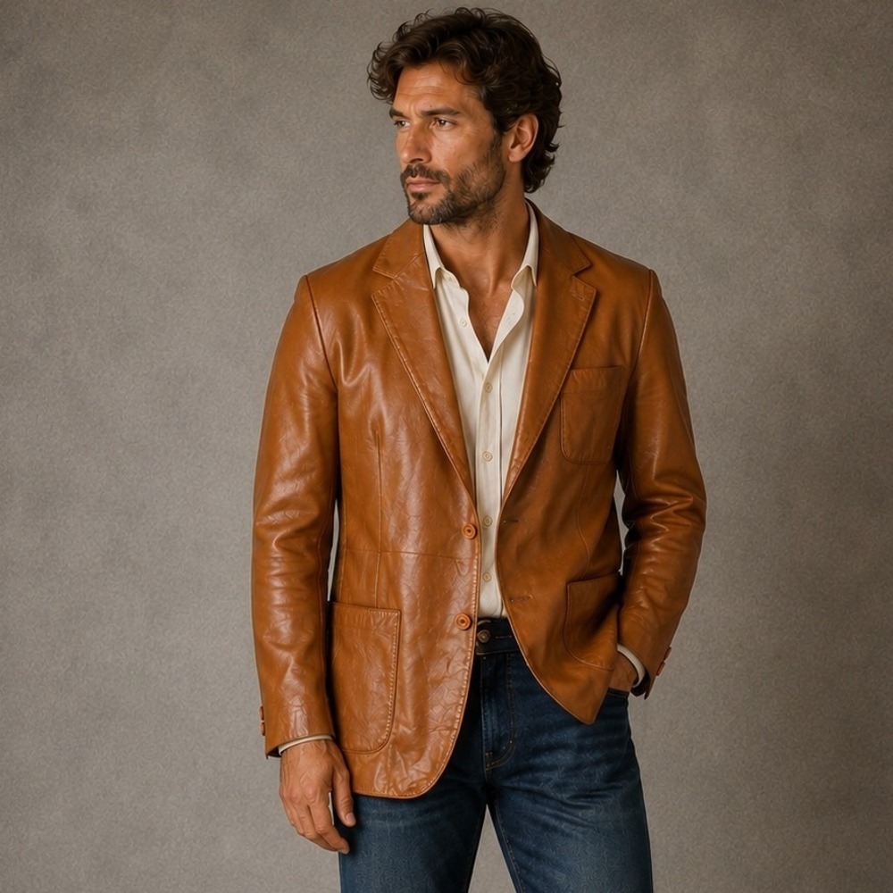 Fantastic International Mens Tan Genuine Leather Blazer Jacket Size 42‎ Vintage